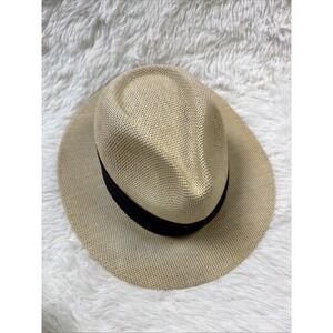 Panama Jack Safari Straw Hat Teardrop Pinch Crown Black Band Size Medium READ